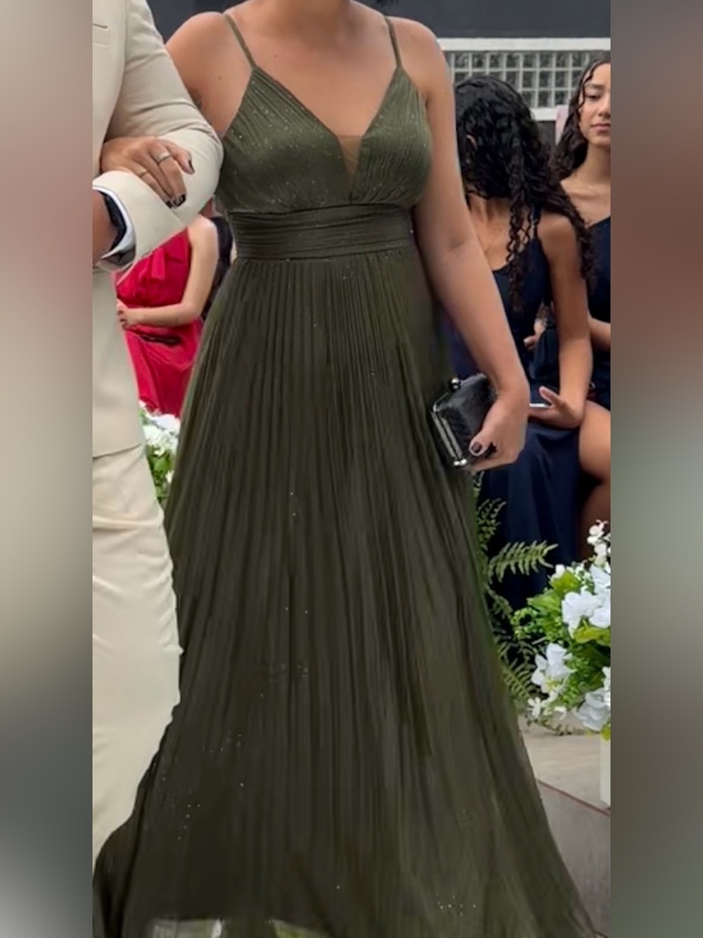 Elegant Olive Green Pleated Evening Gown - Women's Dress